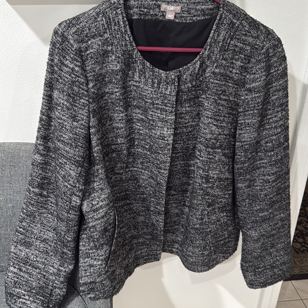 J Jill Women’s Large Black Gray Tweed Wool Blend Collarless Blazer Jack…used